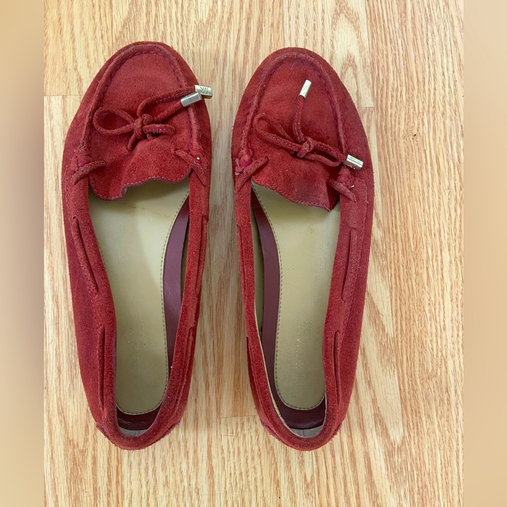 Michael Kors red suede loafers, size 7.5 M/ 38 M